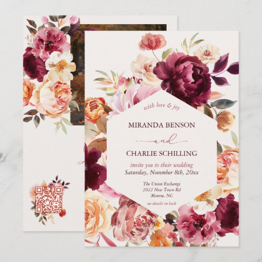 Lush Fall Floral Wedding Invitation with QR code 招待状 (正面/裏面)