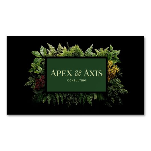 Lush Green Fern Foliage Black Modern Botanical マグネット名刺 (正面)