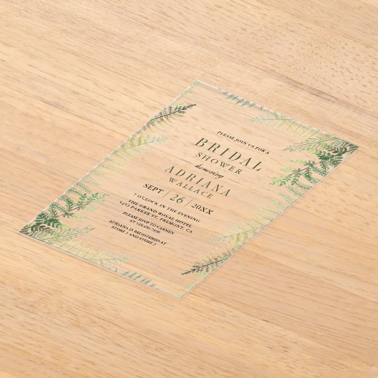 Lush Green Ferns Bridal Shower アクリル招待状 (レイダウン)