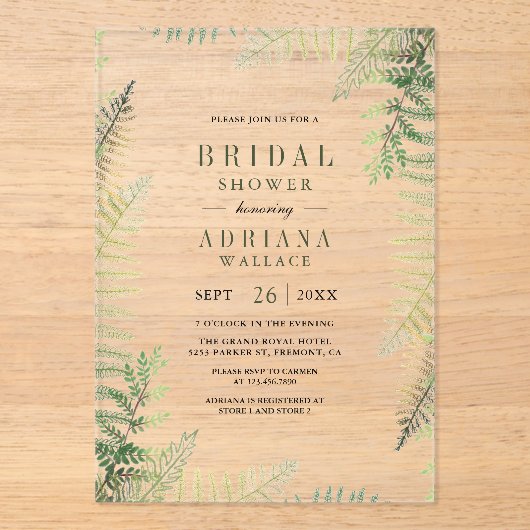 Lush Green Ferns Bridal Shower アクリル招待状 (正面)