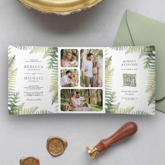 Lush Green Ferns Photo Collage QRコード ウェディング 三つ折り招待状