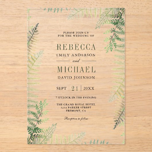 Lush Green Ferns Wedding アクリル招待状 (正面)