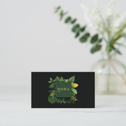 Lush Green Foliage Black Gold Frame Botanical 名刺 (スタンド正面)
