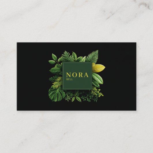 Lush Green Foliage Black Gold Frame Botanical 名刺 (正面)