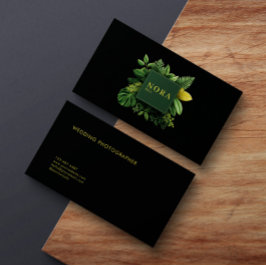 Lush Green Foliage Black Gold Frame Botanical 名刺