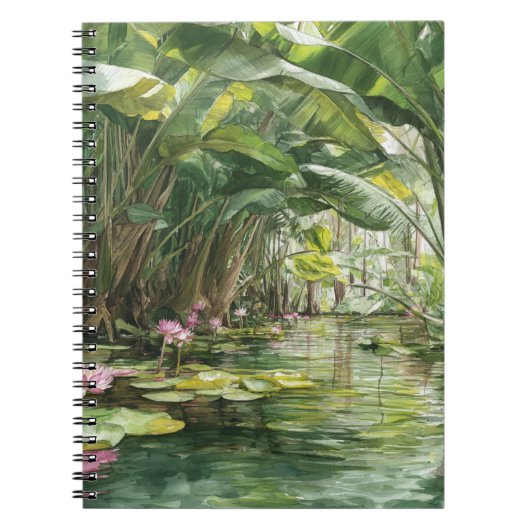 Lush Green Jungle Water Lily Illustration ノートブック (正面)