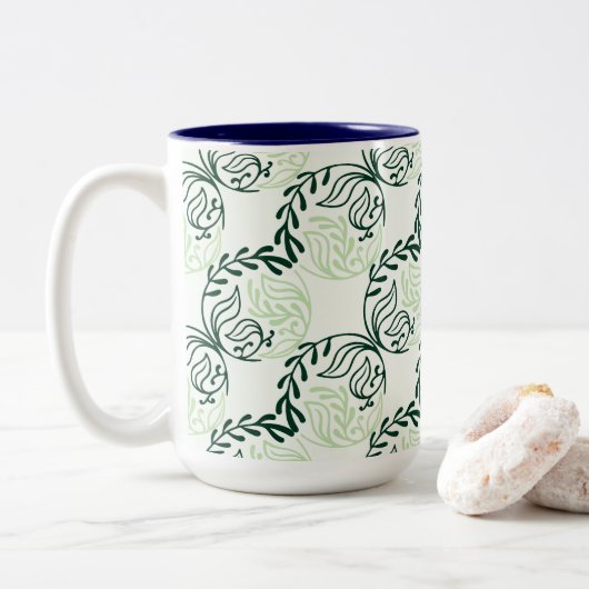 Lush Green Leaves And Vines Pattern ツートーンマグカップ (ドーナツ)