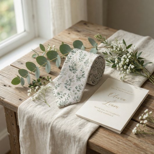 Lush Green Watercolor Eucalyptus Leaves ネクタイ