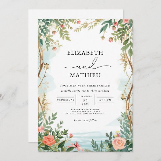 Lush Greenery Floral Frame Wedding 招待状 (正面/裏面)