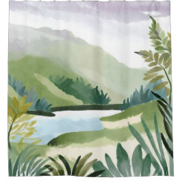 Lush Hillside | Green Watercolor Nature Painting シャワーカーテン