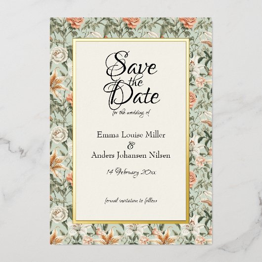 Lush Luxe, Tiger Lily & Mint,日付を保存 箔招待状 (正面)