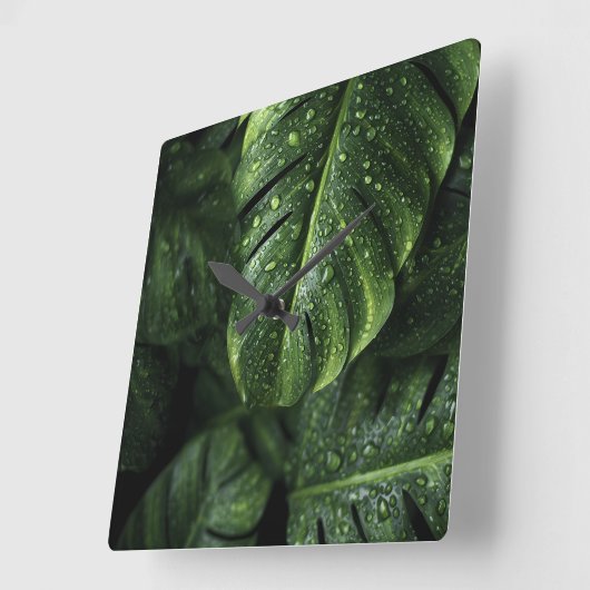 Lush Monstera Leaves with Morning Dew Drops スクエア壁時計 (傾斜)