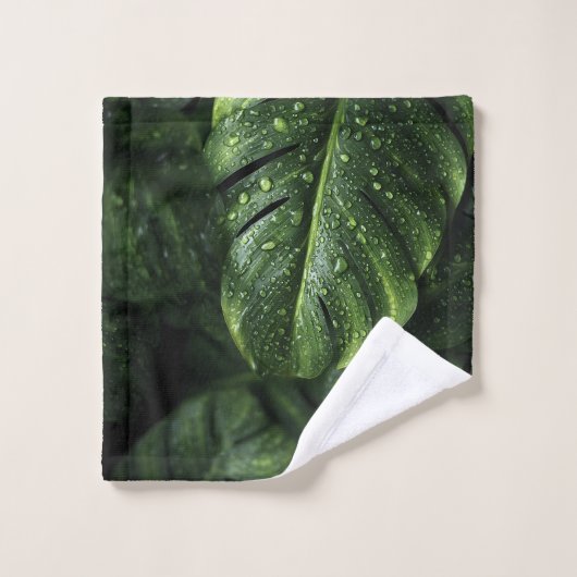 Lush Monstera Leaves with Morning Dew Drops バスタオルセット (ウォッシュタオル)