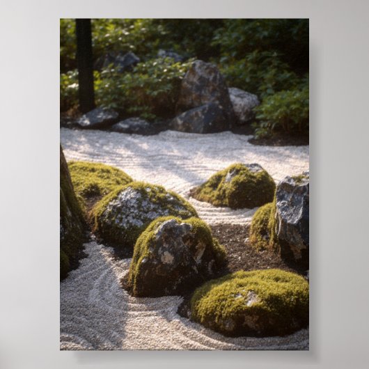 Lush Moss & Stones in Japanese Zen Garden Detail ポスター (正面)