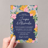 Lush Pink Yellow Flowers Dark Blue Wedding アクリル招待状 (インサイチュ (ポータブル))