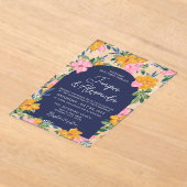Lush Pink Yellow Flowers Dark Blue Wedding アクリル招待状 (レイダウン)