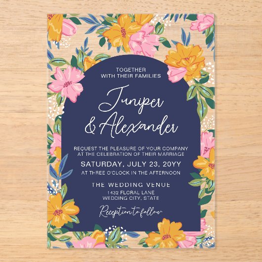 Lush Pink Yellow Flowers Dark Blue Wedding アクリル招待状 (正面)