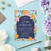 Lush Pink Yellow Flowers Dark Blue Wedding アクリル招待状 (インサイチュ (ウェディング))