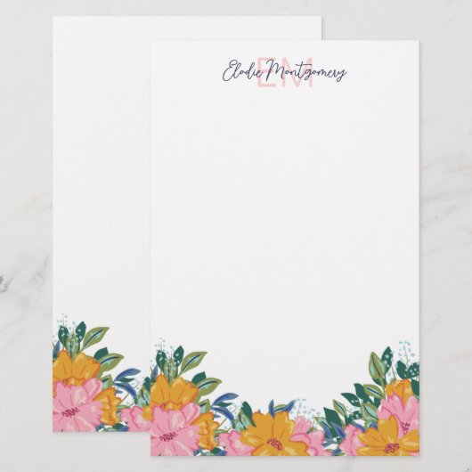 Lush Pink Yellow Flowers Name & Initial 便箋 (正面/裏面)