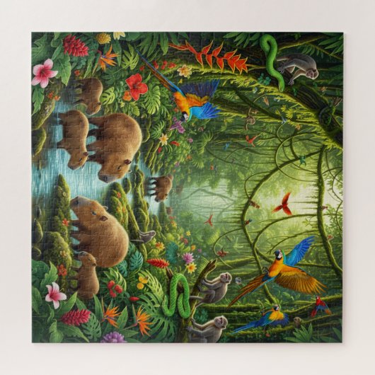 Lush rainforest scene teeming with capybaras ジグソーパズル (横)
