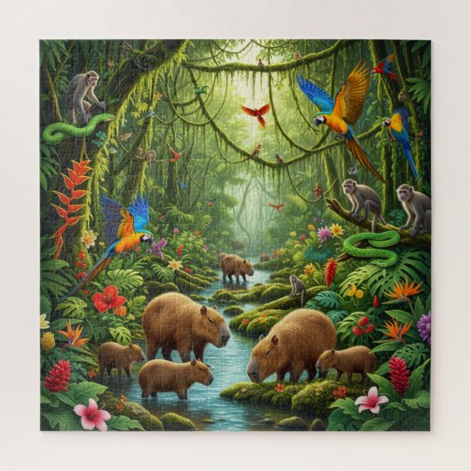 Lush rainforest scene teeming with capybaras ジグソーパズル (縦)