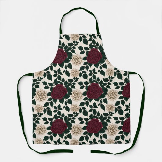 Lush Red And Burgundy Roses With Dark Green Leaves エプロン (正面)