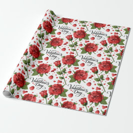 Lush Red Roses with Scattered Heart Petals Pattern ラッピングペーパー