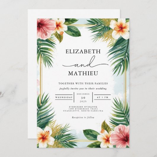 Lush Tropical Bloom Accent Wedding 招待状 (正面/裏面)