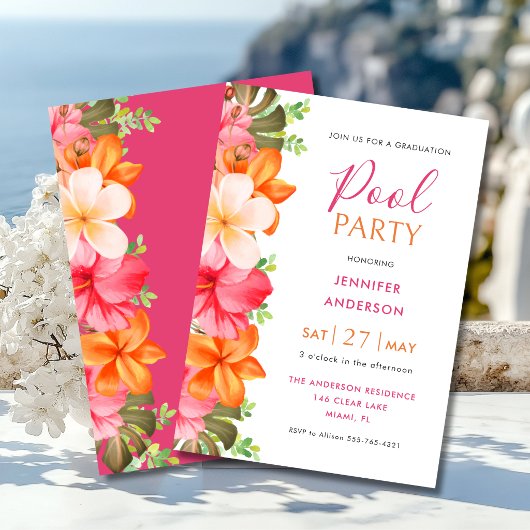 Lush Tropical Floral Graduation Pool Party 招待状