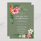 Lush Tropical Garden Flowers Sage Green Wedding 招待状 (正面/裏面)