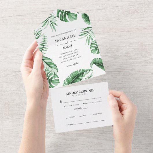 Lush Tropical Greenery Combined Wedding Invitation オールインワン招待状 (貼ってはがせる)