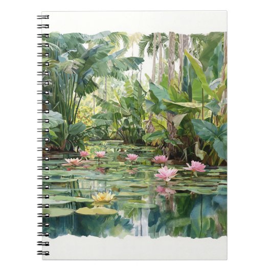 Lush Tropical Lily Pond Botanical Art Notebook ノートブック (正面)