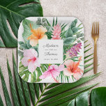 Lush Tropical Watercolor Floral with Names ペーパープレート<br><div class="desc">A beautifully lush tropical watercolor wedding design with colorful floral elements including hibiscus blooms, ginger flowers and a variety of tropical foliage. The looks is vibrant and alive and sets the tone for your wedding, or other celebration in aloha style. Personalize the easy-to-use text template with your details. These paper...</div>