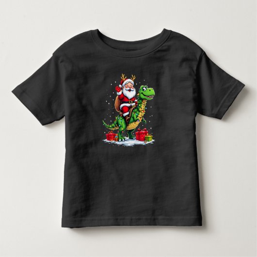 Lustiger Weihnachtsmann auf Dino mit Lichterkette トドラーTシャツ (正面)