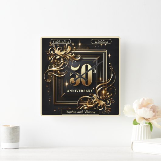 Lustrous金ゴールド: 50年間のお祝い スクエア壁時計 (ホーム)