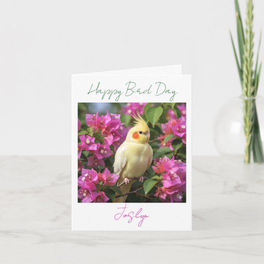 Lutino Cockatiel in Purple Flowers Custom Birthday カード (正面)