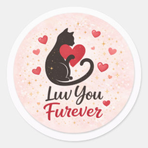 Luv You Furever 猫ステッカー – 赤いハートとピンク ラウンドシール