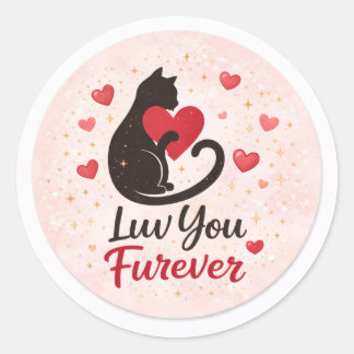 Luv You Furever 猫ステッカー – 赤いハートとピンク ラウンドシール