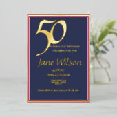 Luxネイビー、ピンク、ゴールド箔押し50歳 箔招待状 (立ち正面)
