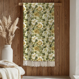 Lux Green Floral Blanket Gold Foliage in Pastels フリースブランケット