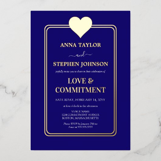 Lux Navy Blue and Gold Heart Commitment Ceremony 箔招待状 (正面)