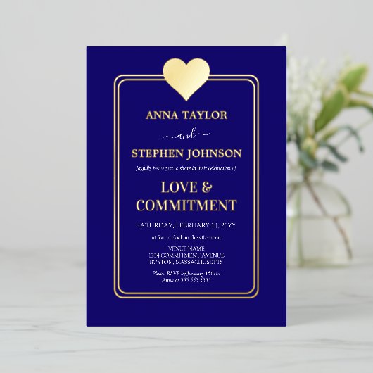 Lux Navy Blue and Gold Heart Commitment Ceremony 箔招待状 (立ち正面)