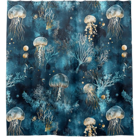 Lux Ocean Jellyfish & Coral Gold Pattern (2) シャワーカーテン (正面)