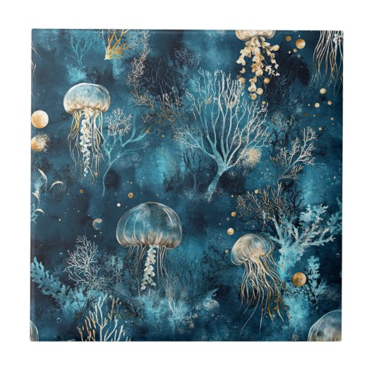 Lux Ocean Jellyfish & Coral Gold Pattern (2) タイル (正面)