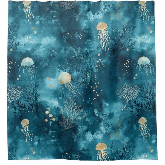 Lux Ocean Jellyfish & Coral Gold Pattern (3) シャワーカーテン (正面)