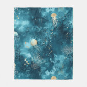 Lux Ocean Jellyfish & Coral Gold Pattern (3) フリースブランケット (正面)
