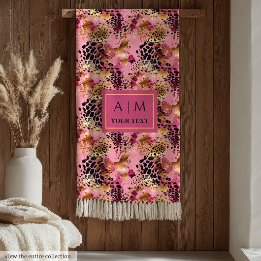 Lux pink watercolor leopard skin monogram blanket フリースブランケット