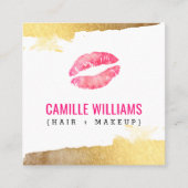 LUXEミニマリストLUXE金ゴールドピンク水彩キス スクエア名刺 (正面)