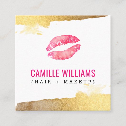 LUXEミニマリストLUXE金ゴールドピンク水彩キス スクエア名刺 (正面)