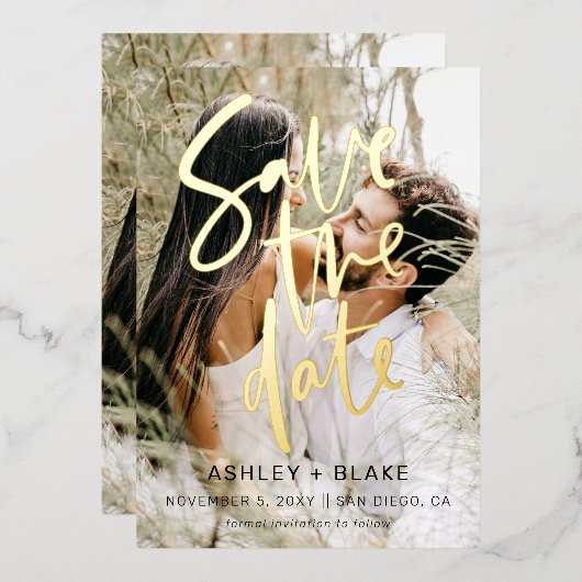 Luxe手書きスクリプト写真の日付を保存 箔招待状 (正面/裏面)